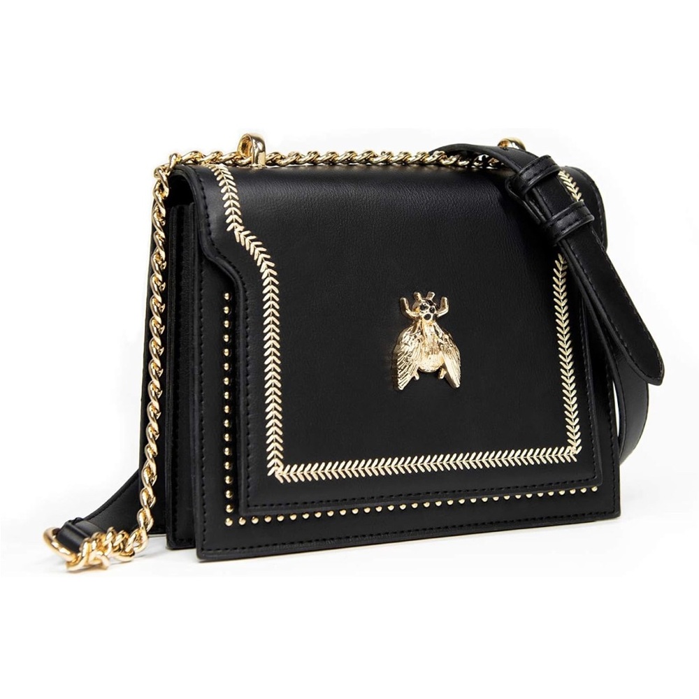 🐝 Black Leather Adjustable Crossbody Bag with Gold Bee Accent and Chain